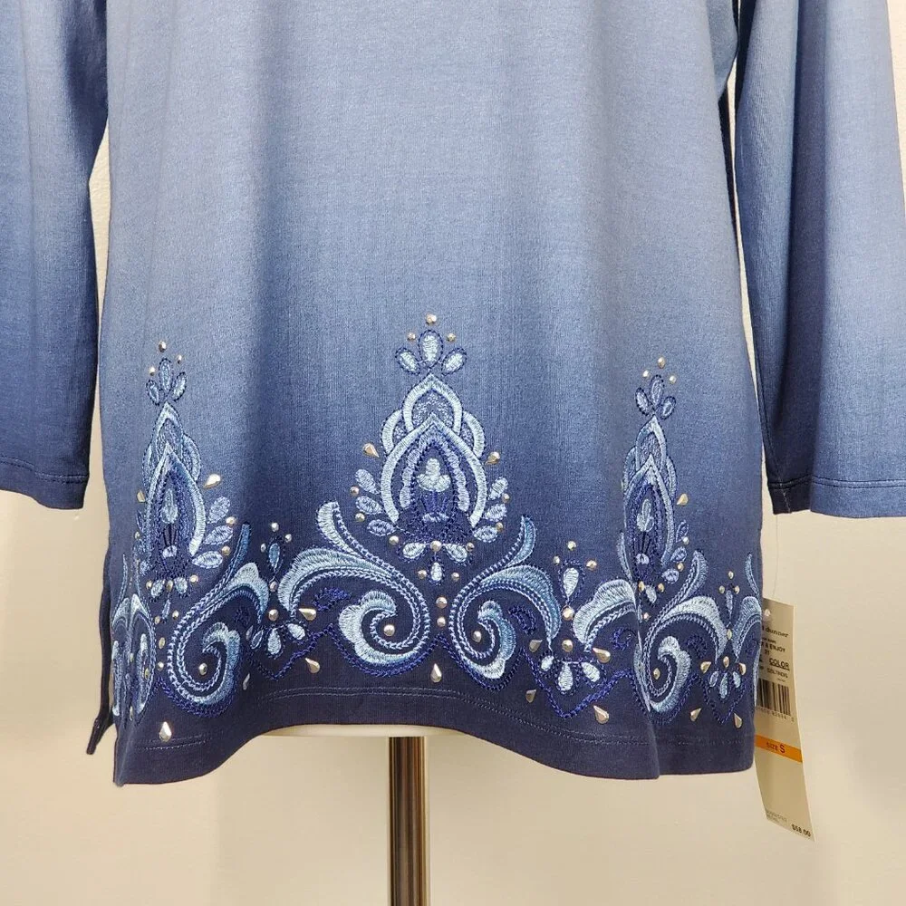 Alfred Dunner Blue Ombre Embroidered Embellished Knit Top NEW NWT Size S - Picture 4 of 14